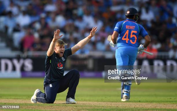David Willey of England appeals during the Royal London One-Day match between England and India at Trent Bridge on July 12, 2018 in Nottingham,...