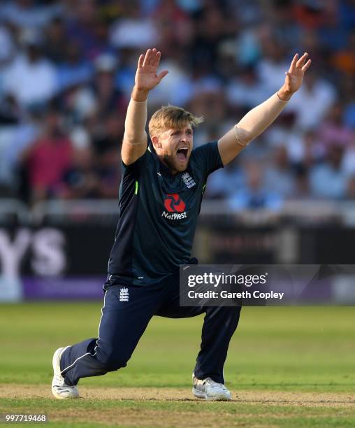 David Willey of England appeals during the Royal London One-Day match between England and India at Trent Bridge on July 12, 2018 in Nottingham,...