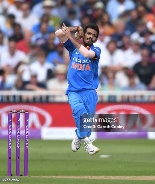 Yuzvendra Chahal of India bowls during the Royal London One-Day match between England and India at Trent Bridge on July 12, 2018 in Nottingham,...