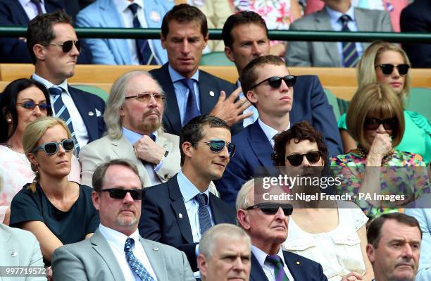 Barry Gibb, Helen McCrory , Bear Grylls and Anna Wintour in the royal box on centre court on day eleven of the Wimbledon Championships at the All...