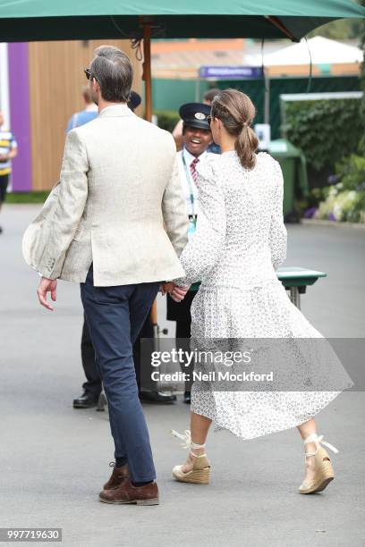 James Matthews and Pippa Middleton seen arriving at Wimbledon for Men's Semi Final Day on July 12, 2018 in London, England.