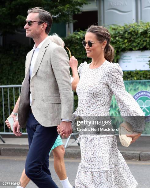 James Matthews and Pippa Middleton seen arriving at Wimbledon for Men's Semi Final Day on July 12, 2018 in London, England.