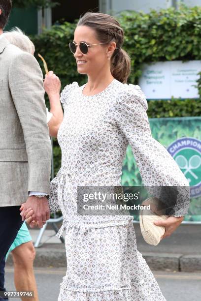 Pippa Middleton seen arriving at Wimbledon for Men's Semi Final Day on July 12, 2018 in London, England.