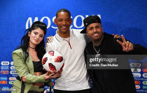 Era Istrefi, Will Smith and Nicky Jam pose at a closing ceremony press conference during the 2018 FIFA World Cup at Luzhniki Stadium on July 13, 2018...