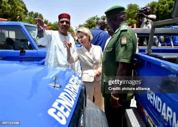 German Defence Minister Ursula von der Leyen meeting Nigerien Minister of the Interior Mohamed Bazoum for the handover of motorcycles, cargo trucks...
