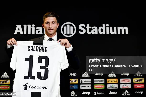 Mattia Caldara during a Juventus Press Conference at Juventus Training Center on July 13, 2018 in Turin, Italy.