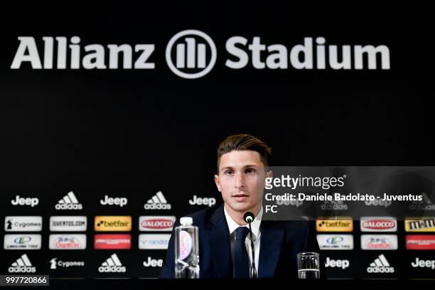 Mattia Caldara during a Juventus Press Conference at Juventus Training Center on July 13, 2018 in Turin, Italy.