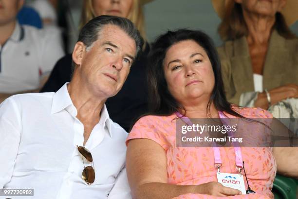 Pierce Brosnan and his wife Keely Shaye Smith attend day eleven of the Wimbledon Tennis Championships at the All England Lawn Tennis and Croquet Club...