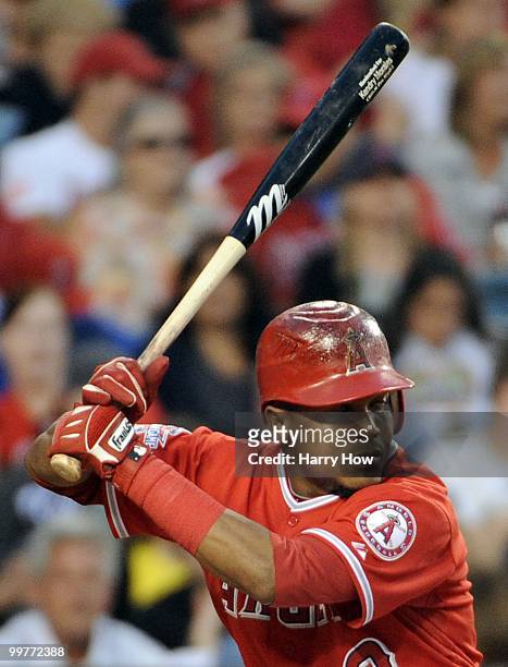 Erick Aybar of the Los Angeles Angels at bat against the Oakland Athletics at Angels Stadium on May 15, 2010 in Anaheim, California.