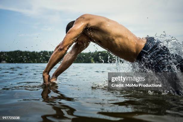 young man diving in the water at lake - exercise swim stock-fotos und bilder