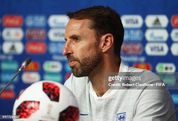 Gareth Southgate, Manager of England looks on during an England press conference during the 2018 FIFA World Cup Russia at Saint Petersburg Stadium on...