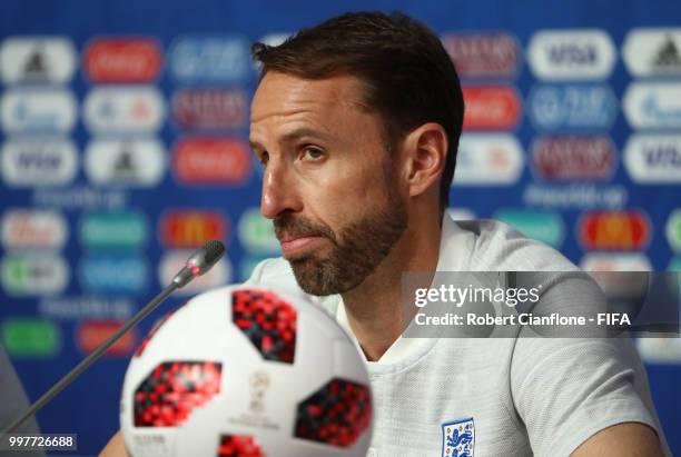 Gareth Southgate, Manager of England speaks during an England press conference during the 2018 FIFA World Cup Russia at Saint Petersburg Stadium on...