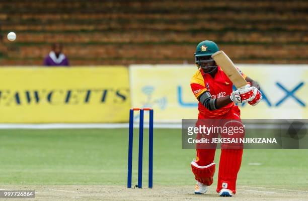 Zimbabwe's batsman Tarisai Musakanda plays a shot during the first one day international cricket match between Pakistan and Zimbabwe at Queens Sports...