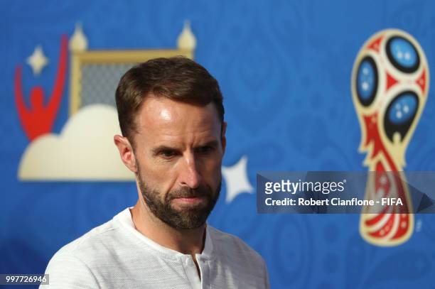 Gareth Southgate, Manager of England looks on during an England press conference during the 2018 FIFA World Cup Russia at Saint Petersburg Stadium on...