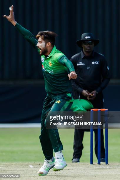 Pakistan's bowler Mohammad Amir makes an appeal for a wicket to umpire Langton Rusere during the first one day international cricket match between...
