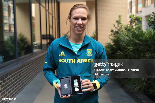 Carina Horn of South Africa poses with her medal during an Athletics World Cup Press Conference on July 13, 2018 in London, England.