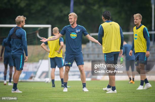 Per Skjelbred, Fabian Lustenberger, Karim Rekik, Arne Maier during the Hertha BSC training camp on july 13, 2018 in Neuruppin, Germany.