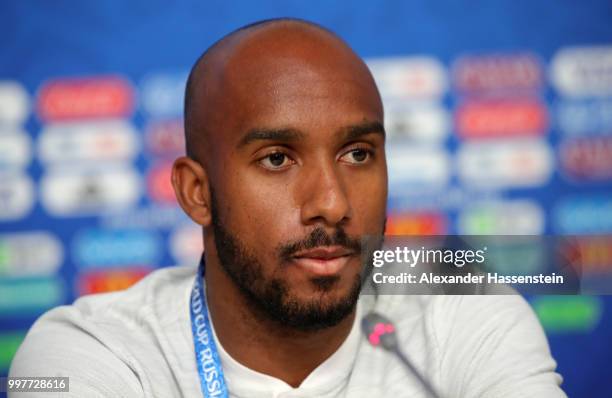 Fabian Delph looks on during an England press conference during the 2018 FIFA World Cup Russia at Saint Petersburg Stadium on July 13, 2018 in Saint...