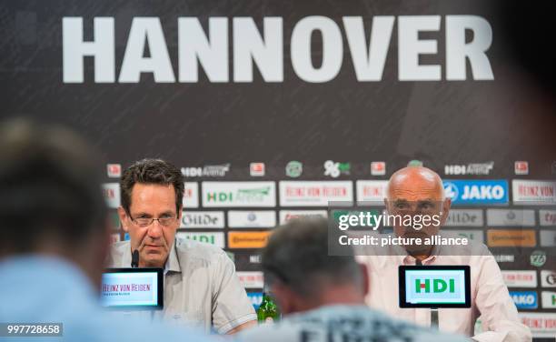 Martin Kind , the president of the German Bundesliga soccer club Hanover 96, and Uwe Krause, a member of the club's board of directors, at a press...