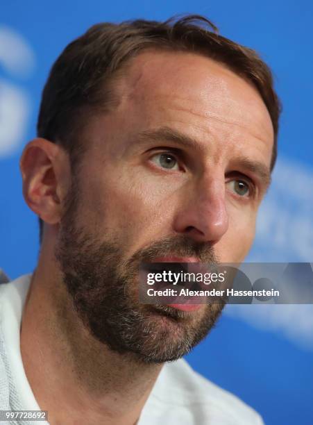 Gareth Southgate, Manager of England speaks during an England press conference during the 2018 FIFA World Cup Russia at Saint Petersburg Stadium on...