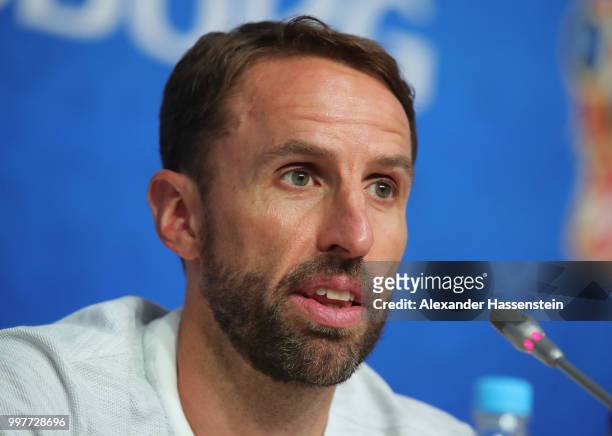 Gareth Southgate, Manager of England speaks during an England press conference during the 2018 FIFA World Cup Russia at Saint Petersburg Stadium on...