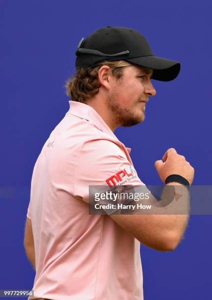 Eddie Pepperell of England reacts to a missed putt on hole eighteen during day two of the Aberdeen Standard Investments Scottish Open at Gullane Golf...
