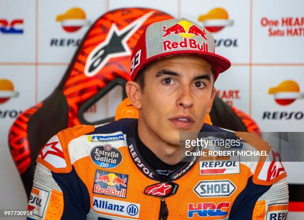 Spanish Honda rider Marc Marquez looks on prior to the second training session of the Moto GP for the Grand Prix of Germany at the Sachsenring...
