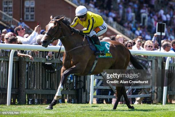 Silvestre De Sousa riding Pretty Pollyanna win The Duchess Of Cambridge Stakes at Newmarket Racecourse on July 13, 2018 in Newmarket, United Kingdom.