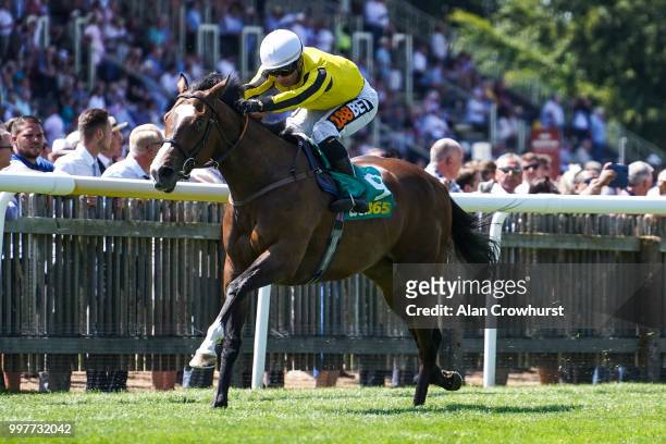Silvestre De Sousa riding Pretty Pollyanna win The Duchess Of Cambridge Stakes at Newmarket Racecourse on July 13, 2018 in Newmarket, United Kingdom.