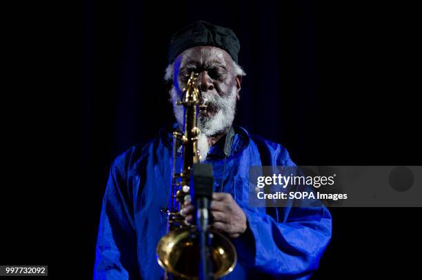 American jazz saxophonist, Pharoah Sanders performs at the Krakow Jazz Festival.