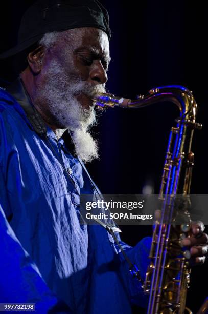 American jazz saxophonist, Pharoah Sanders performs at the Krakow Jazz Festival.