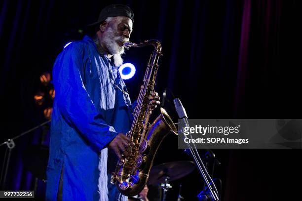 American jazz saxophonist, Pharoah Sanders performs at the Krakow Jazz Festival.