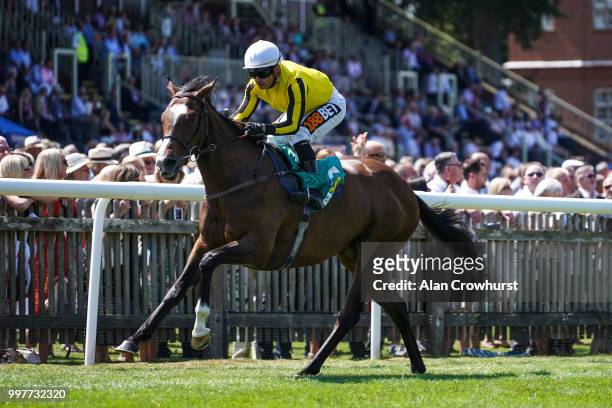 Silvestre De Sousa riding Pretty Pollyanna comfortably win The Duchess Of Cambridge Stakes at Newmarket Racecourse on July 13, 2018 in Newmarket,...