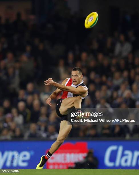 Shane Savage of the Saints kicks the ball during the 2018 AFL round 17 match between the St Kilda Saints and the Carlton Blues at Etihad Stadium on...