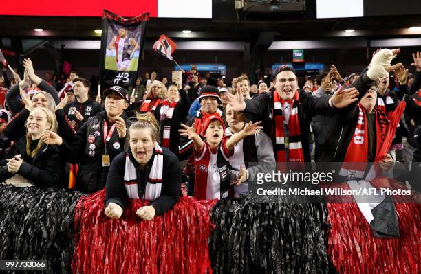 Saints fans celebrate during the 2018 AFL round 17 match between the St Kilda Saints and the Carlton Blues at Etihad Stadium on July 13, 2018 in...