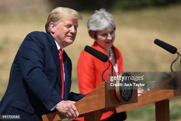 Prime Minister Theresa May and U.S. President Donald Trump attend a joint press conference following their meeting at Chequers on July 13, 2018 in...