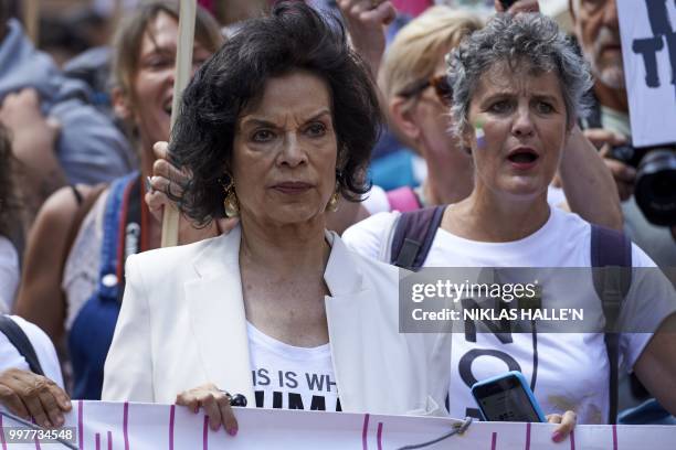 Nicaraguan celebrity and human rights advocate Bianca Jagger, joins protesters against the UK visit of US President Donald Trump as they take part in...
