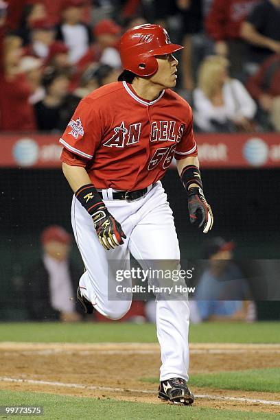 Hideki Matsui of the Los Angeles Angels hits a double against the Oakland Athletics during the sixth inning at Angels Stadium on May 15, 2010 in...