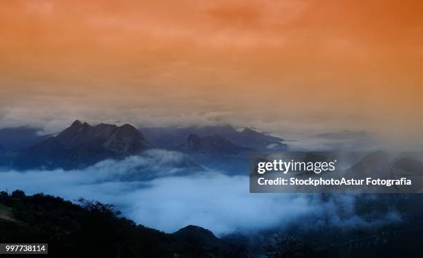 fog in the mountains at dawn. - fotografia stock-fotos und bilder