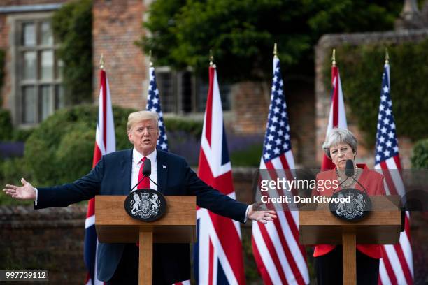 Prime Minister Theresa May and U.S. President Donald Trump hold a joint press conference at Chequers on July 13, 2018 in Aylesbury, England. US...