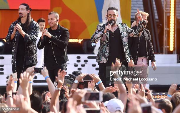 Kevin Richardson, Howie D., AJ McLean and Brian Littrell of the Backstreet Boys perform on ABC's "Good Morning America" at SummerStage at Rumsey...