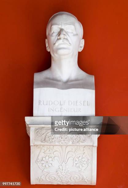White marble bust of engineer Rudolf Diesel, inventor of the diesel engine, pictured in the Hall of Fame above the Theresienwiese in Munich, Germany,...