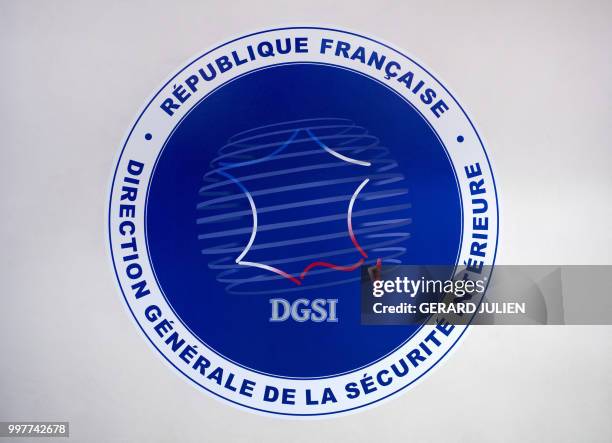 The logo of France's General Directorate for Internal Security is pictured at the DGSI headquarters in Levallois-Perret, west of Paris, on July 13,...