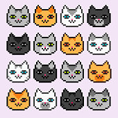 Pixel art cats icons: black, grey, white and red cat breeds.