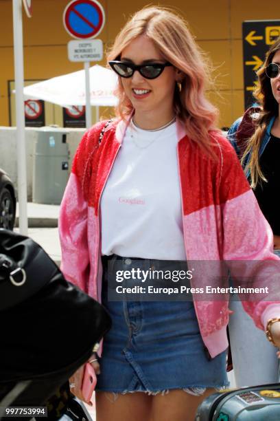 Chiara Ferragni is seen arriving at Ibiza airport to celebrate her bachelorette party with friends on July 13, 2018 in Ibiza, Spain.