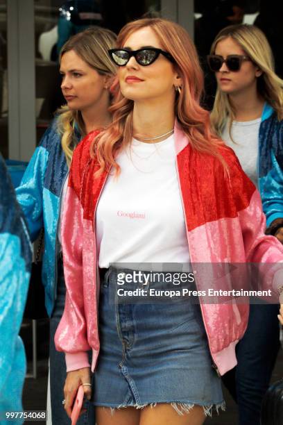 Chiara Ferragni is seen arriving at Ibiza airport to celebrate her bachelorette party with friends on July 13, 2018 in Ibiza, Spain.