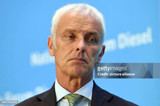 Matthias Mueller, chairman of the board at Volkswagen AG, speaks after a summit on diesel in the Federal Ministry of Transport in Berlin, Germany, on...