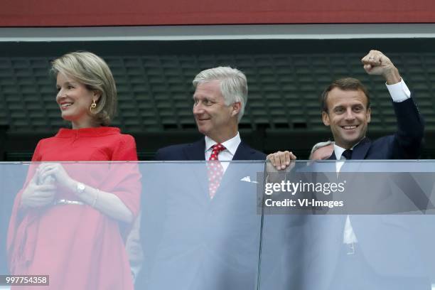 Belgium's Queen Mathilde, Belgium's King Philippe, French President Emmanuel Macron during the 2018 FIFA World Cup Semi Final match between France...