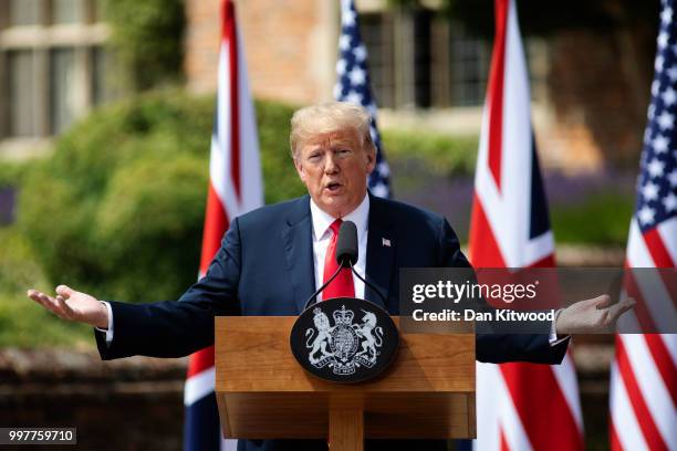 Prime Minister Theresa May and U.S. President Donald Trump hold a joint press conference at Chequers on July 13, 2018 in Aylesbury, England. US...