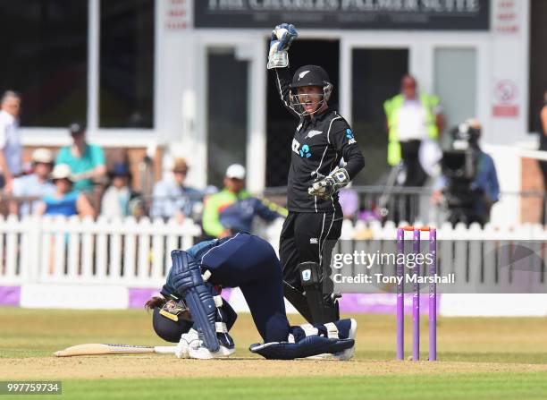 Tammy Beaumont of England Women is caught out by Katey Martin of New Zealand Women during the 3rd ODI: ICC Women's Championship between England Women...